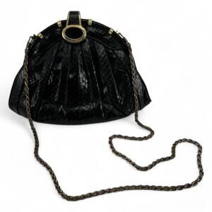 Vintage Ashneil Black Snakeskin Purse with Gold Hardware and Chain Strap - 1980s